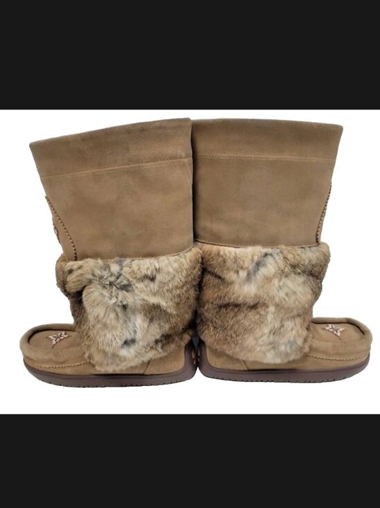 Manitobah Mukluks Snowy Owl Suede Fur Shearling Tall Boots Women 5 Tan Brown - Picture 3 of 6